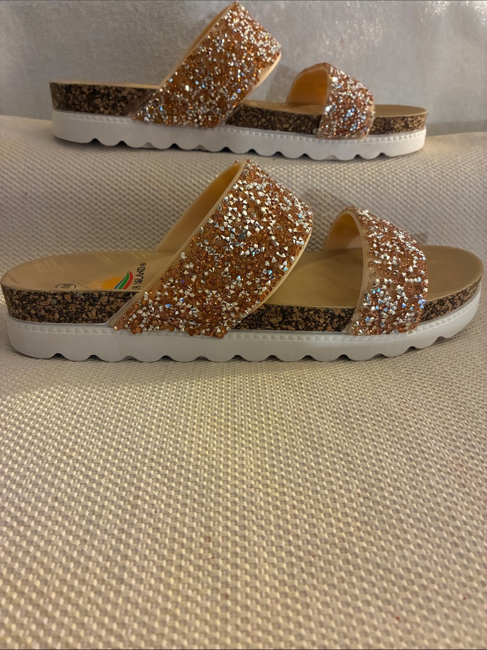 Aloha Glitter Slide Sandals in Rose Gold-Women w/double strap & cork-style foot